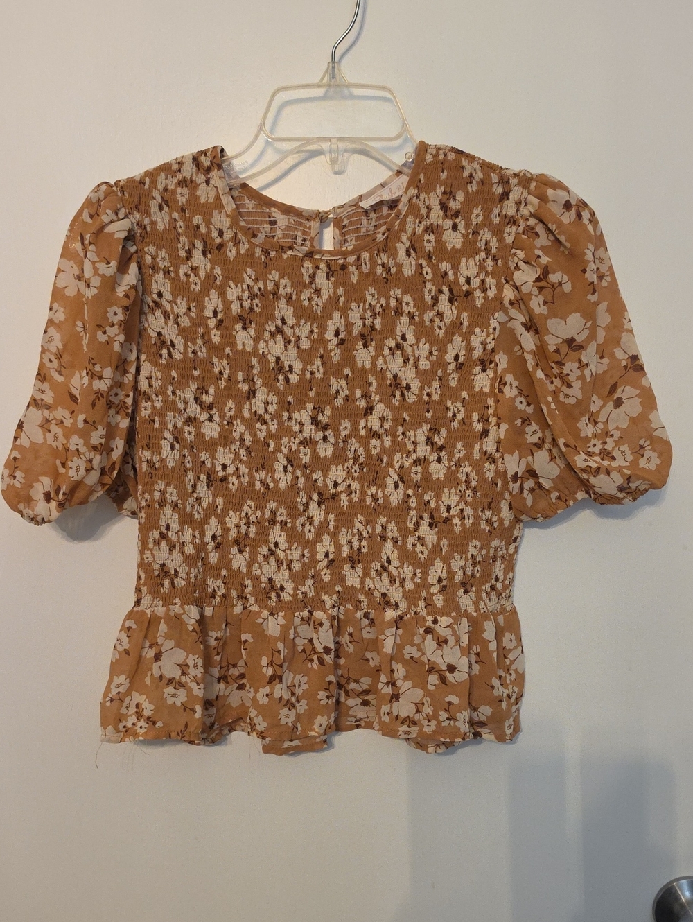 Blush Tan Floral Smocked Puff Sleeve Blouse